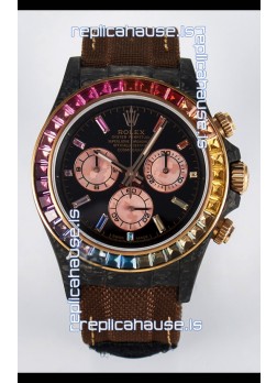 Rolex Daytona Super Clone DiW Carbon Edition Rainbow Bezel - Forged Carbon Casing Khaki Strap 1:1 Mirror Replica