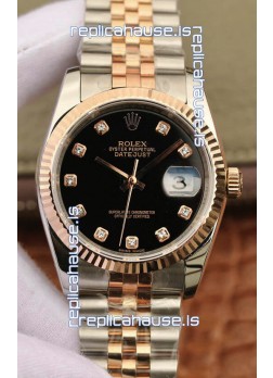 Rolex Datejust 36MM ETA-3135 Movement Swiss Replica in 904L Two Tone Black Dial