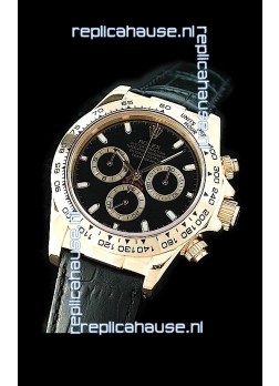 Rolex Daytona Cosmograph Swiss Replica Gold Watch in Black Leather Strap