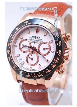 Rolex Daytona MonoBloc Cerachrom Bezel Swiss Replica Rose Gold Plated Watch in Brown Strap