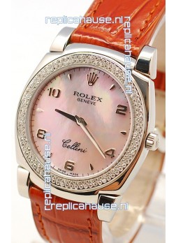 Rolex Cellini Cestello Ladies Swiss Watch in Pink Pearl Face Diamonds Bezel